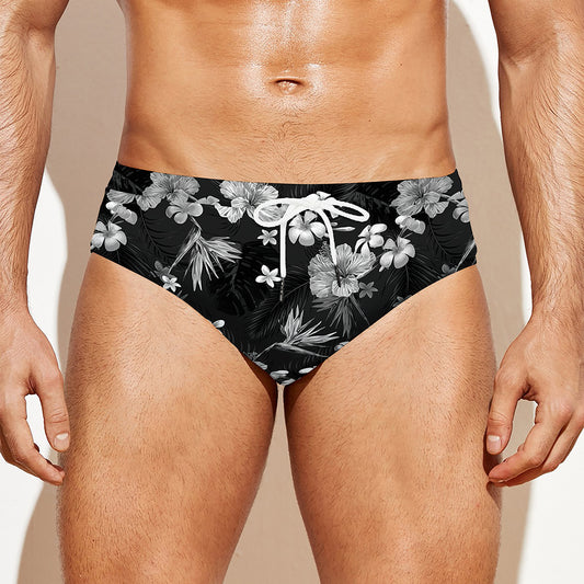 Monochrome Hawaiian Floral Print Men's Swim Briefs