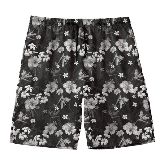 Monochrome Hawaiian Floral Print Men's Swim Trunks