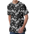 Monochrome Hawaiian Floral Print Men's Velvet T-Shirt