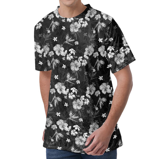 Monochrome Hawaiian Floral Print Men's Velvet T-Shirt