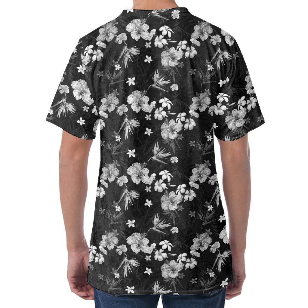 Monochrome Hawaiian Floral Print Men's Velvet T-Shirt