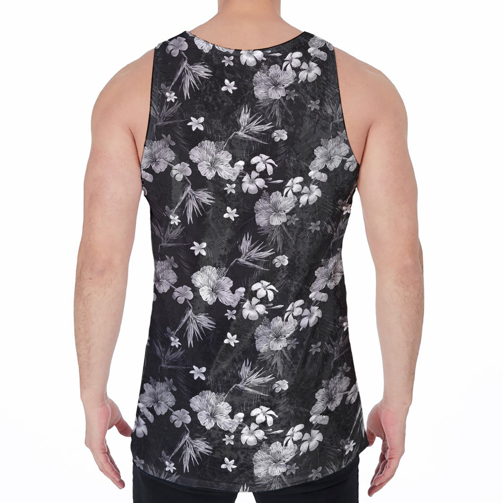 Monochrome Hawaiian Floral Print Men's Velvet Tank Top