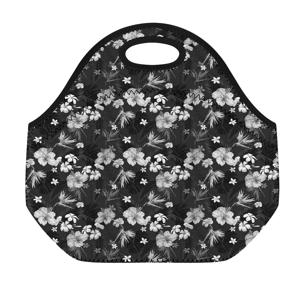 Monochrome Hawaiian Floral Print Neoprene Lunch Bag