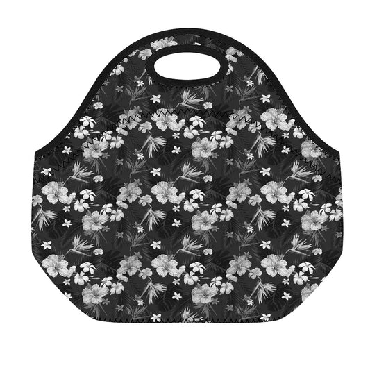 Monochrome Hawaiian Floral Print Neoprene Lunch Bag