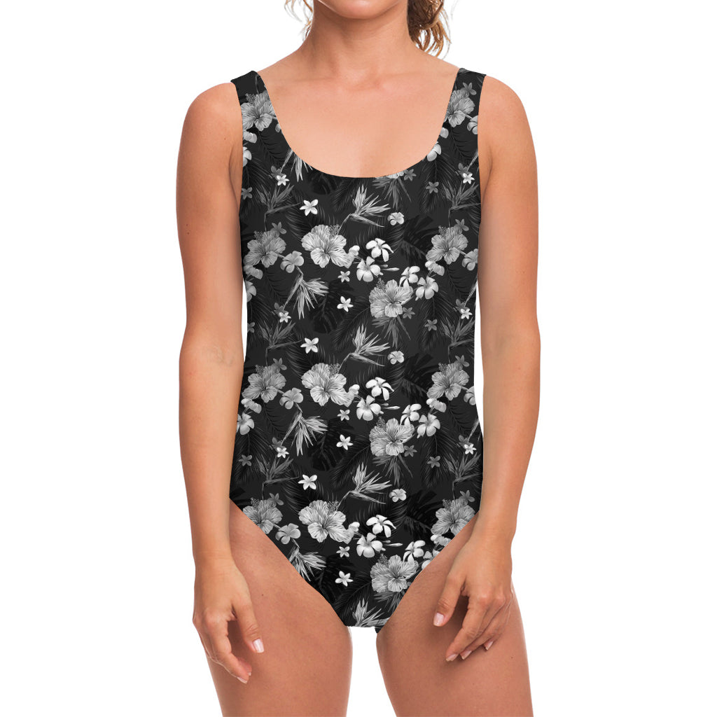 Monochrome Hawaiian Floral Print One Piece Swimsuit