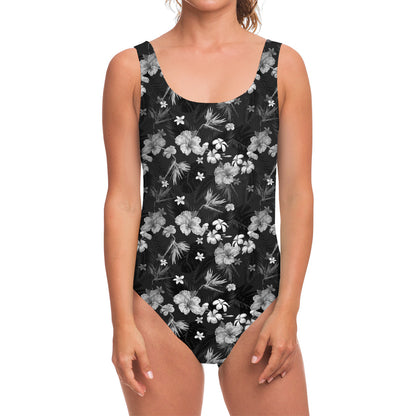Monochrome Hawaiian Floral Print One Piece Swimsuit