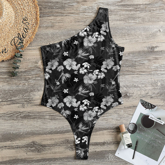 Monochrome Hawaiian Floral Print One Shoulder Bodysuit