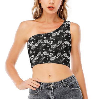 Monochrome Hawaiian Floral Print One Shoulder Crop Top