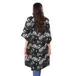 Monochrome Hawaiian Floral Print Open Front Beach Cover Up