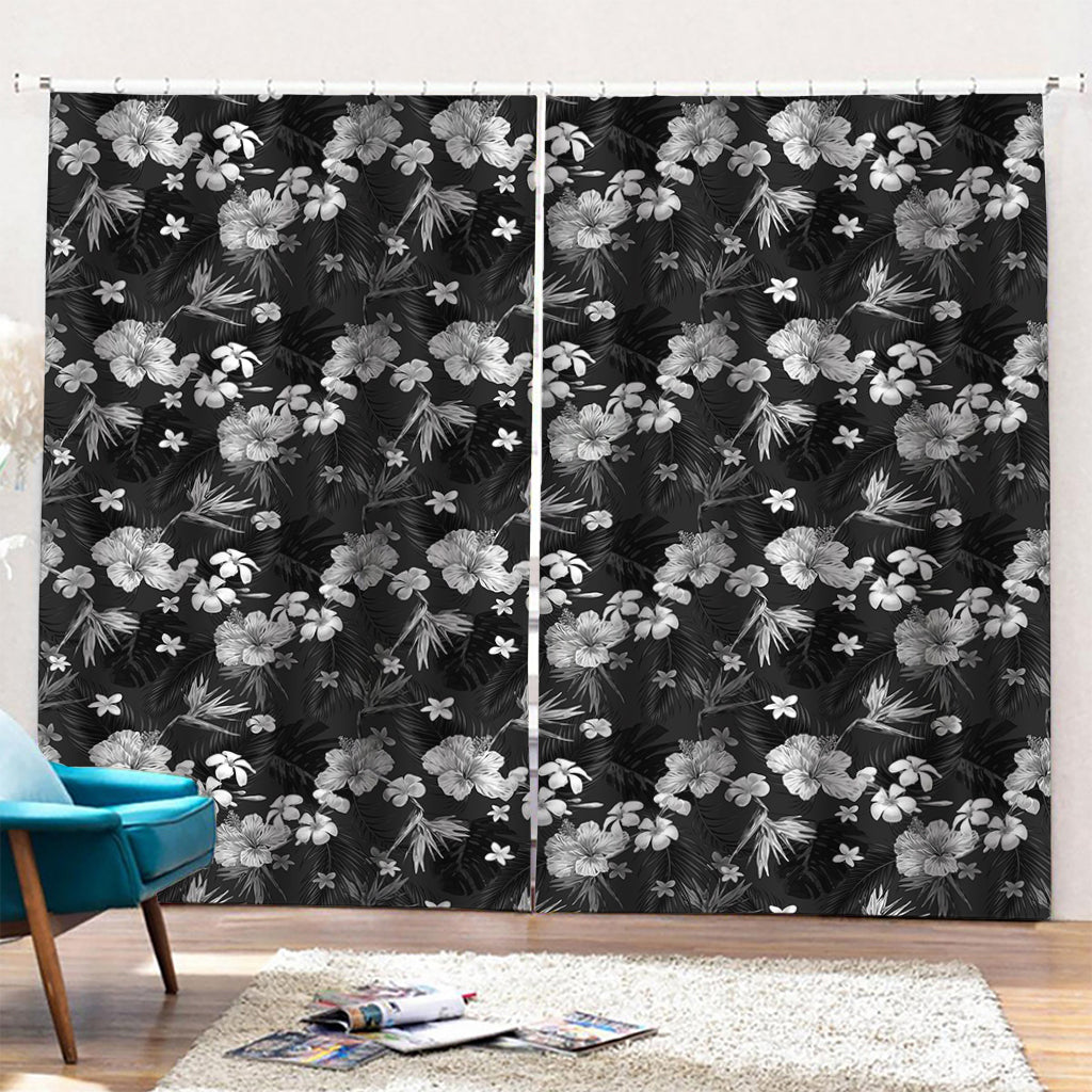 Monochrome Hawaiian Floral Print Pencil Pleat Curtains