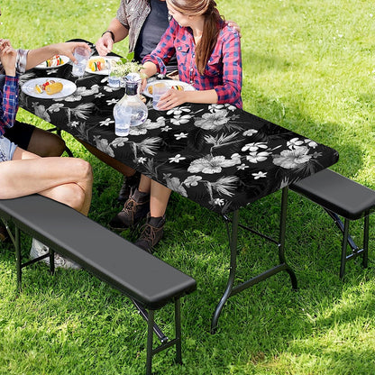 Monochrome Hawaiian Floral Print Picnic Table Cover