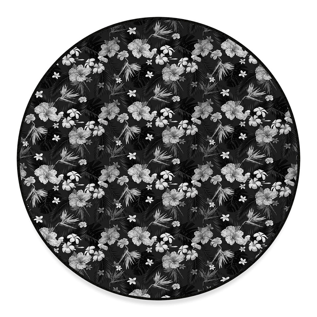 Monochrome Hawaiian Floral Print Round Floor Mat