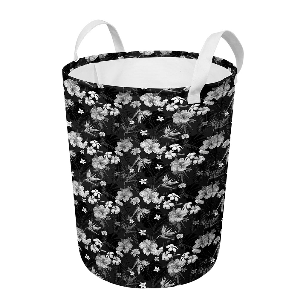 Monochrome Hawaiian Floral Print Round Laundry Basket