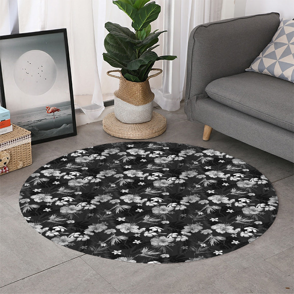 Monochrome Hawaiian Floral Print Round Rug
