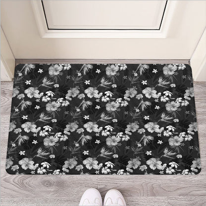 Monochrome Hawaiian Floral Print Rubber Doormat