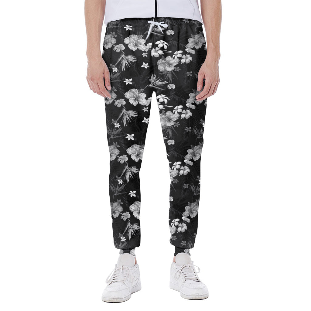 Monochrome Hawaiian Floral Print Scuba Joggers
