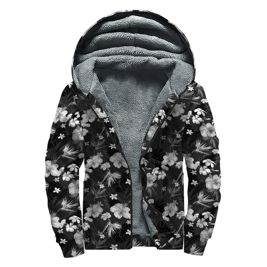 Monochrome Hawaiian Floral Print Sherpa Lined Zip Up Hoodie