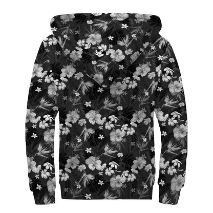 Monochrome Hawaiian Floral Print Sherpa Lined Zip Up Hoodie