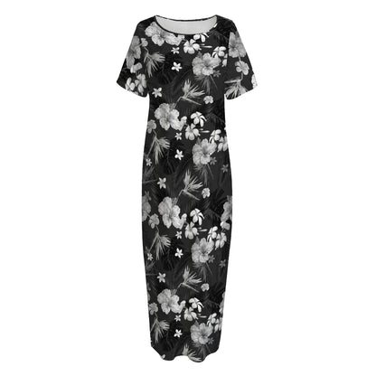 Monochrome Hawaiian Floral Print Short Sleeve Long Nightdress