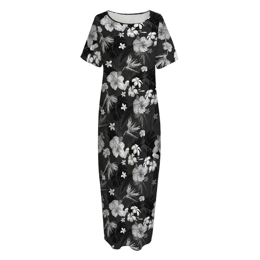 Monochrome Hawaiian Floral Print Short Sleeve Long Nightdress