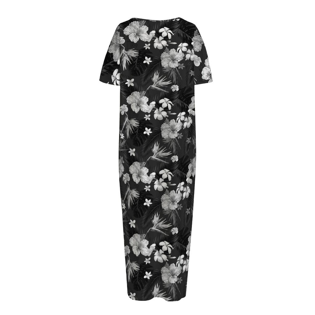 Monochrome Hawaiian Floral Print Short Sleeve Long Nightdress