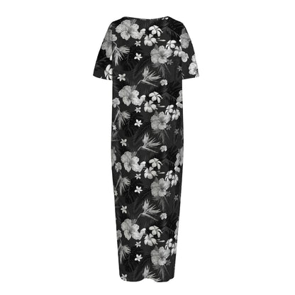 Monochrome Hawaiian Floral Print Short Sleeve Long Nightdress