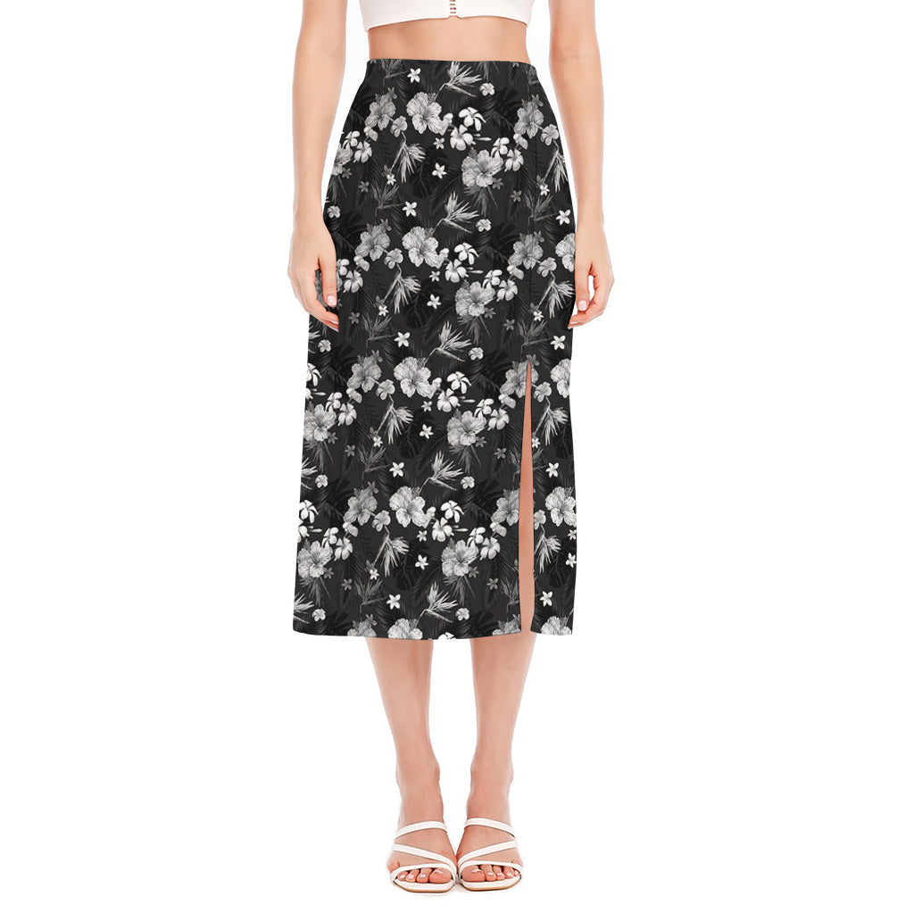 Monochrome Hawaiian Floral Print Side Slit Midi Skirt