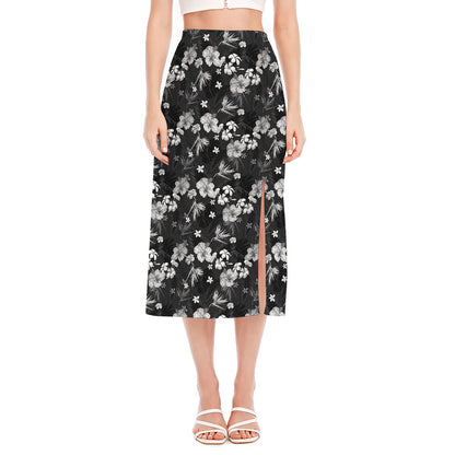 Monochrome Hawaiian Floral Print Side Slit Midi Skirt