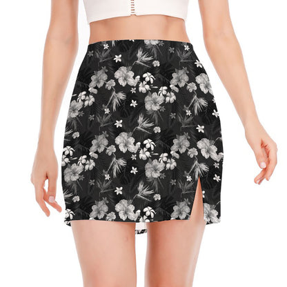 Monochrome Hawaiian Floral Print Side Slit Mini Skirt