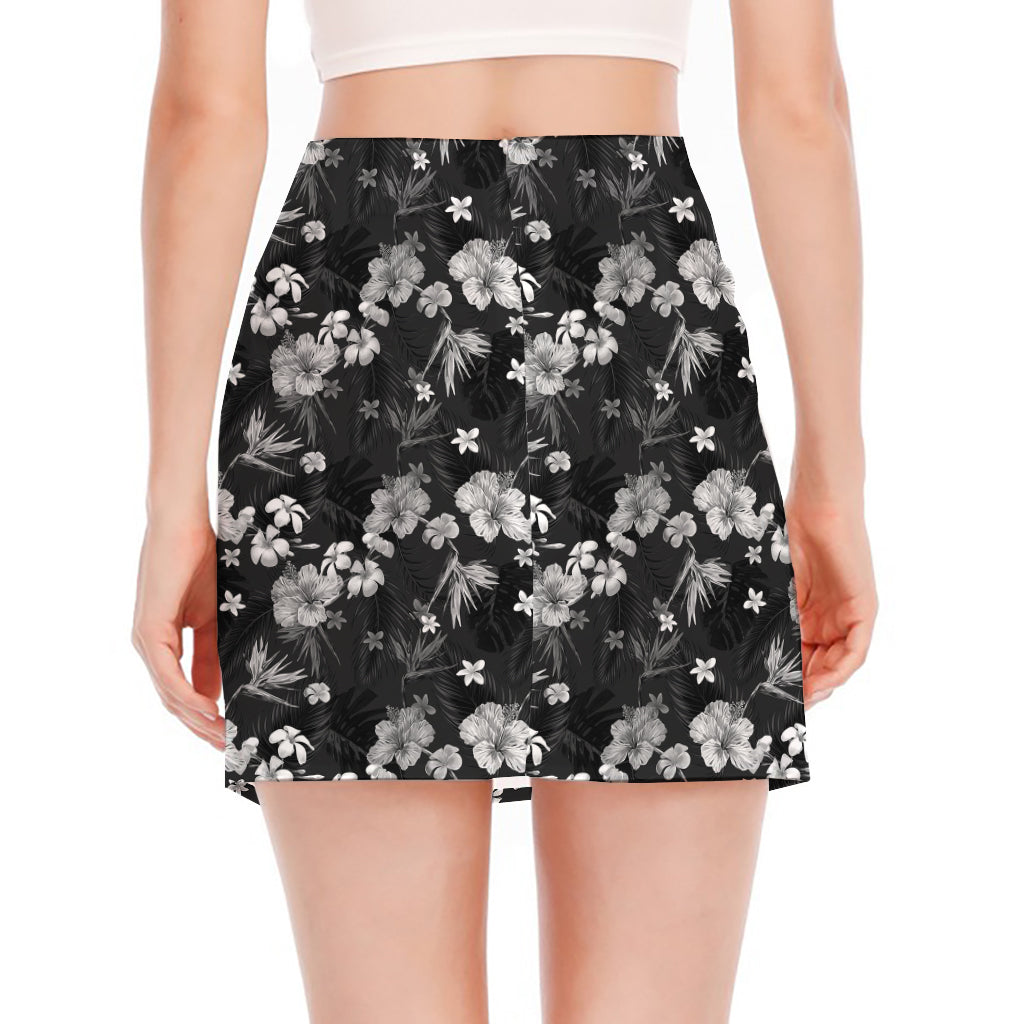 Monochrome Hawaiian Floral Print Side Slit Mini Skirt