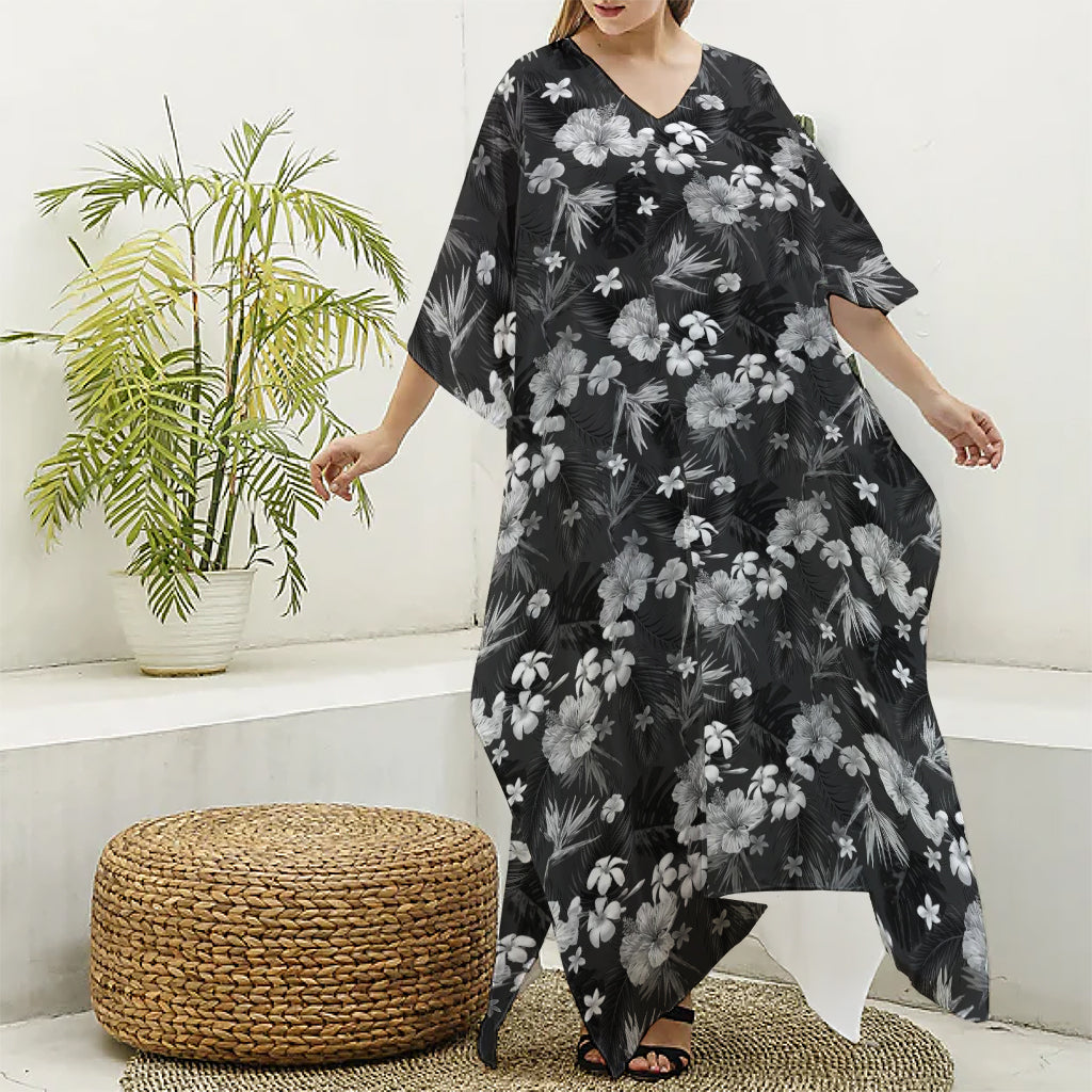 Monochrome Hawaiian Floral Print Silk V-Neck Kaftan Dress