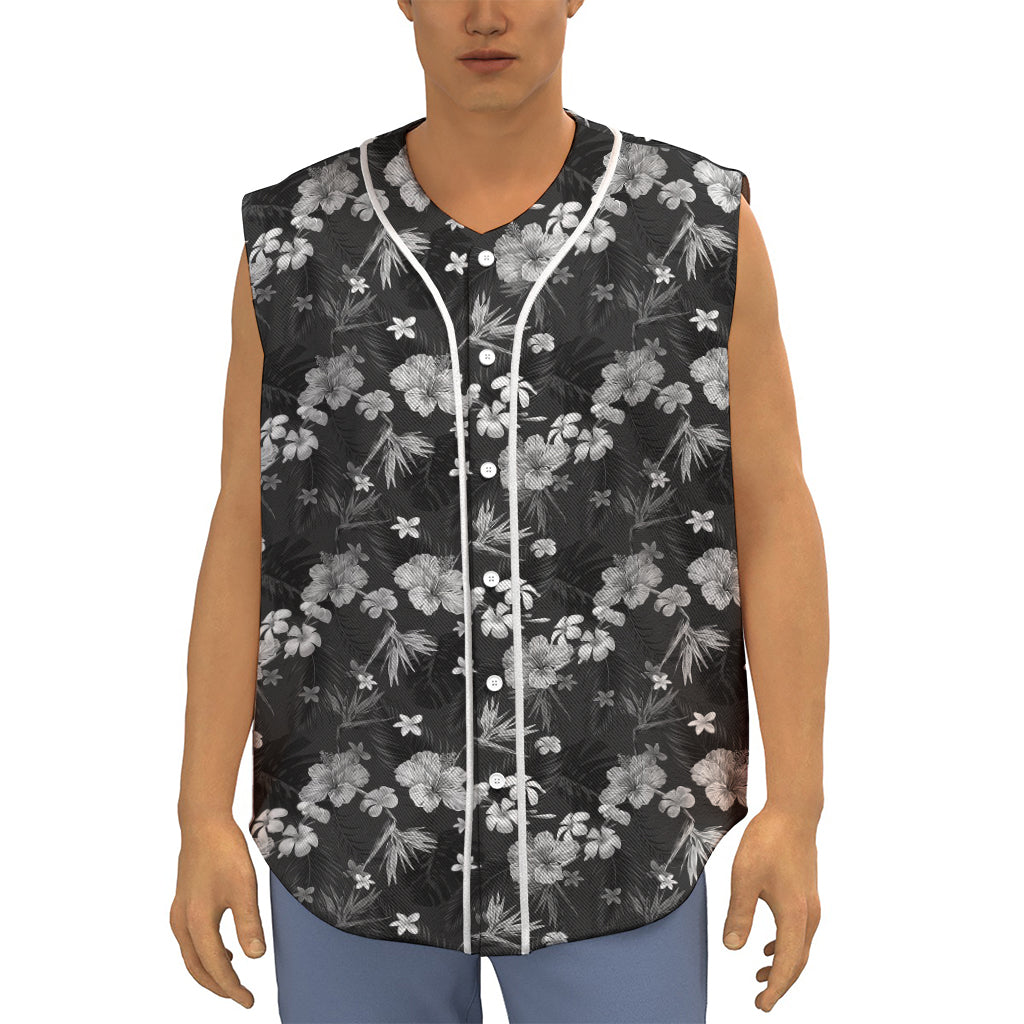 Monochrome Hawaiian Floral Print Sleeveless Baseball Jersey