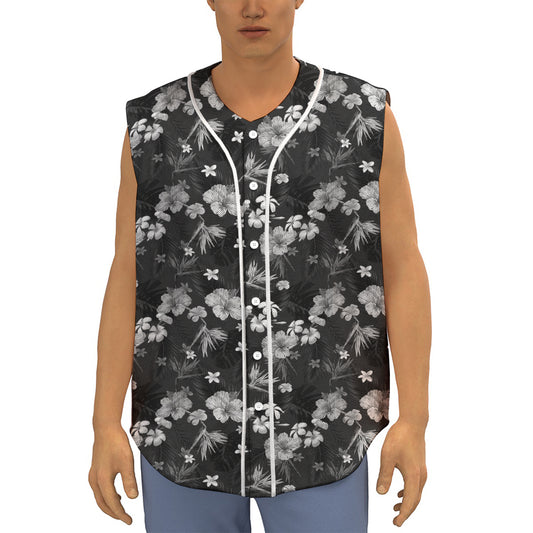 Monochrome Hawaiian Floral Print Sleeveless Baseball Jersey