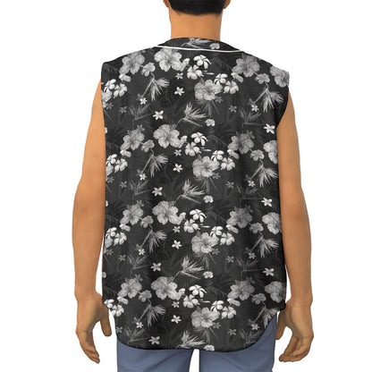 Monochrome Hawaiian Floral Print Sleeveless Baseball Jersey