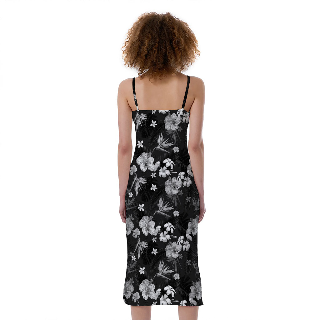 Monochrome Hawaiian Floral Print Slim Fit Midi Cami Dress