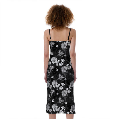 Monochrome Hawaiian Floral Print Slim Fit Midi Cami Dress