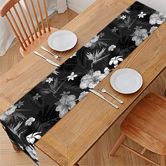 Monochrome Hawaiian Floral Print Table Runner