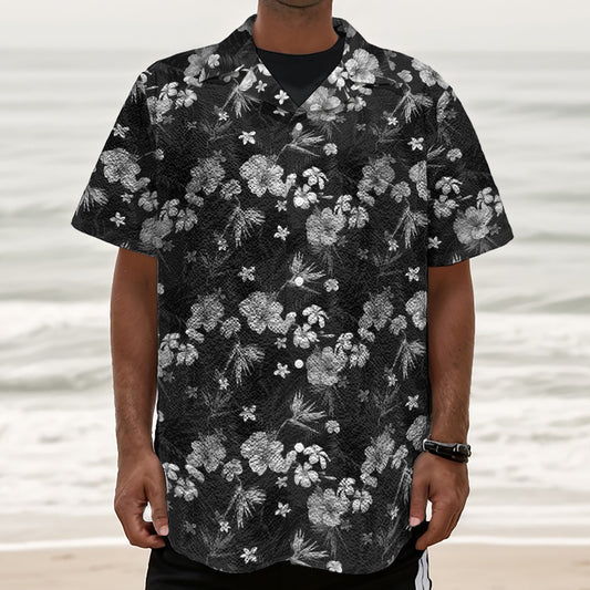 Monochrome Hawaiian Floral Print Textured Short Sleeve Shirt