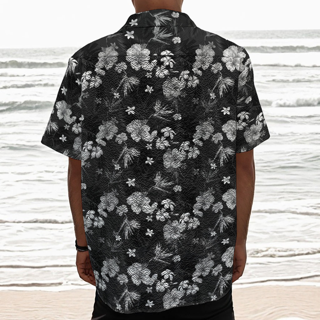 Monochrome Hawaiian Floral Print Textured Short Sleeve Shirt