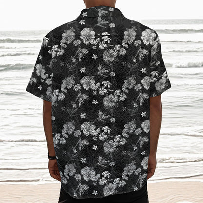 Monochrome Hawaiian Floral Print Textured Short Sleeve Shirt