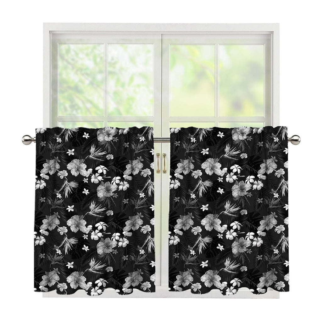 Monochrome Hawaiian Floral Print Tier Curtains