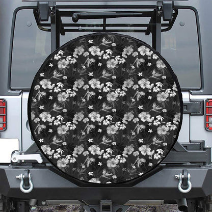 Monochrome Hawaiian Floral Print Tire Cover