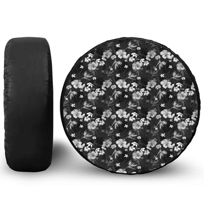 Monochrome Hawaiian Floral Print Tire Cover
