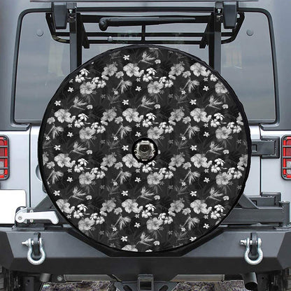 Monochrome Hawaiian Floral Print Tire Cover With Camera Hole