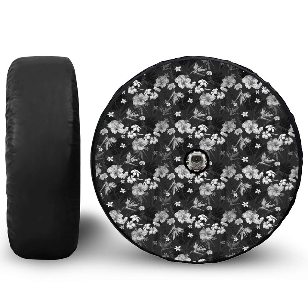Monochrome Hawaiian Floral Print Tire Cover With Camera Hole