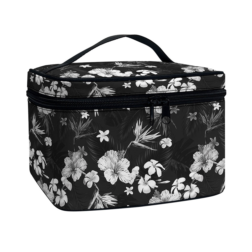 Monochrome Hawaiian Floral Print Travel Makeup Bag