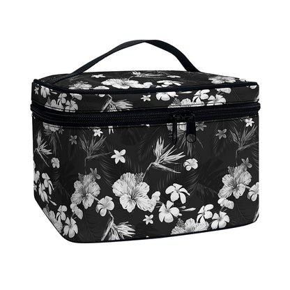 Monochrome Hawaiian Floral Print Travel Makeup Bag