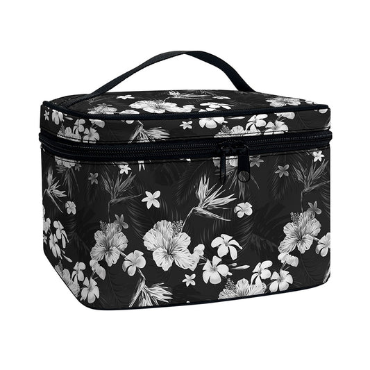 Monochrome Hawaiian Floral Print Travel Makeup Bag