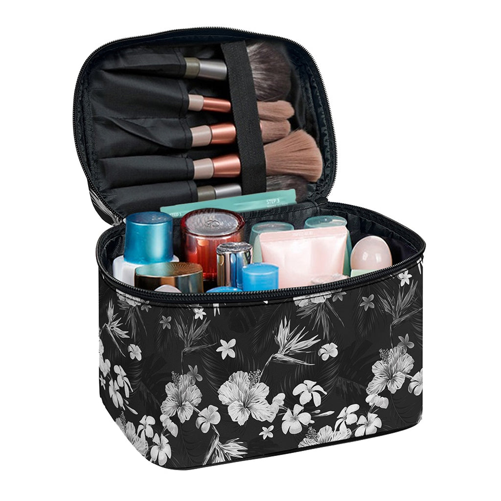 Monochrome Hawaiian Floral Print Travel Makeup Bag