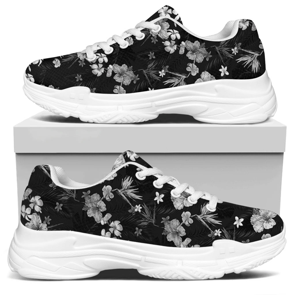 Monochrome Hawaiian Floral Print White Chunky Shoes